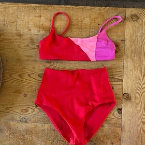 Left on Friday Colorblock Pink & Red High-Waist Bikini Set